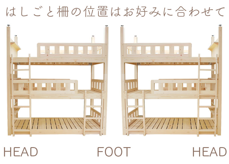 三段ベッド柵とはしごの位置を変えられるパターン