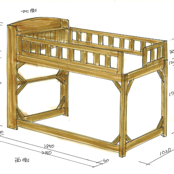 オーダーロフトベッド棚付　ベッド下162cmの大型ロフトベッド