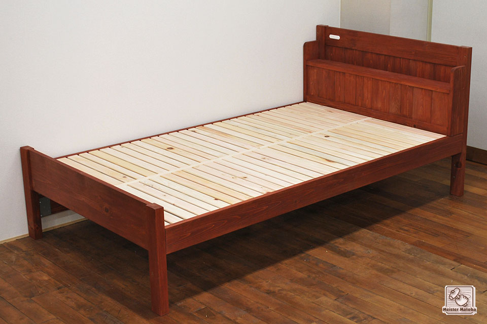 セミダブルのひのき棚付ベッド　棚は置き式　マホガニ着色　NO1603001