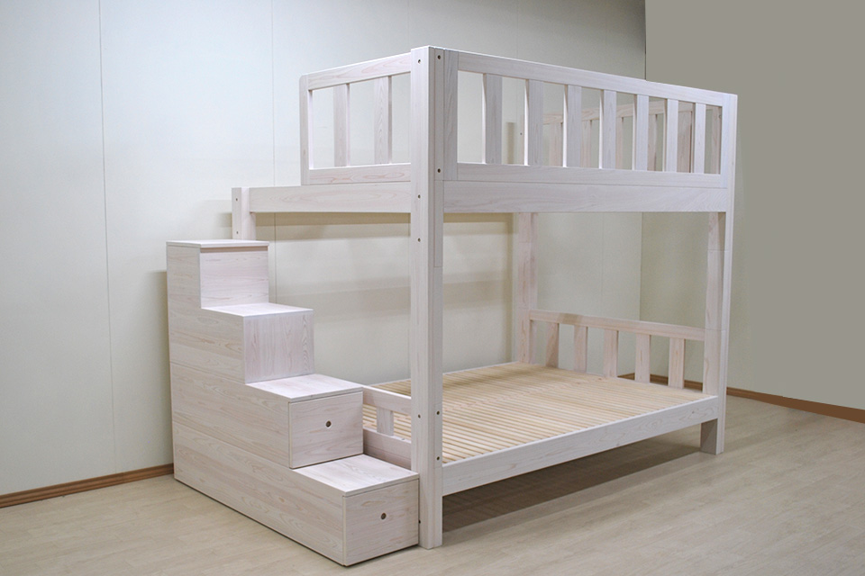 ひのきダブルサイズの二段ベッドと収納付き階段 1910042 | ヒノキ・ワークスの オーダーメイド ベッド集